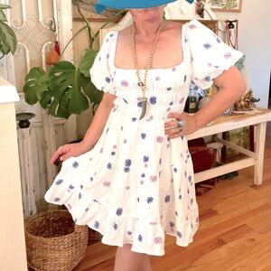 New! The “Midnight Garden” White Cotton Gauze Flower Embroidered Dress